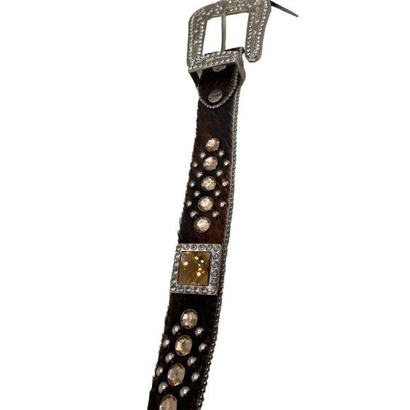 BHW Womens M Belt Leather Faux Cow Fur Rhinestone Western Cowgirl Bling Studded - Picture 5 of 9